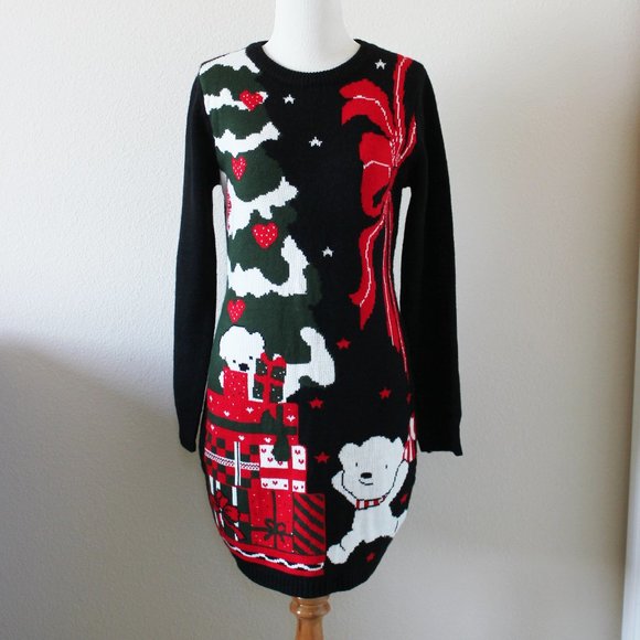 Womens Ugly Xmas Christmas Tree w/ Polar Bears Holiday Sweater Tunic Dress Small - Picture 2 of 7